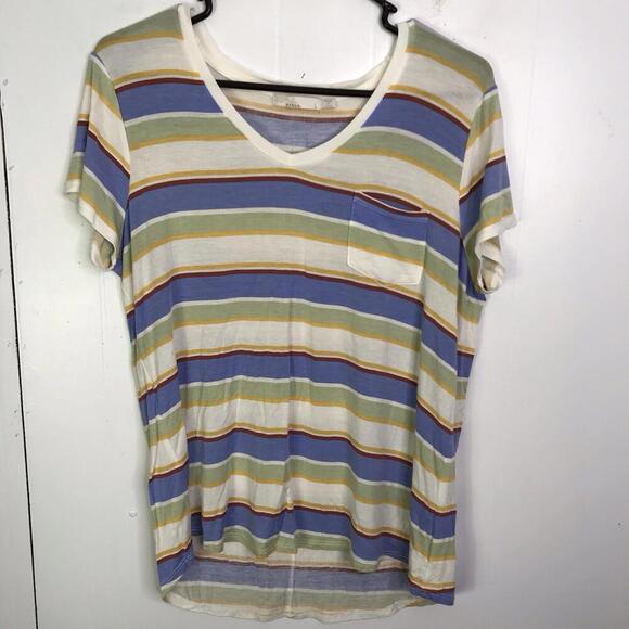Prana Top Womens Large Colorful Striped Foundation Short Sleeve V Neck Tencel - Picture 1 of 8